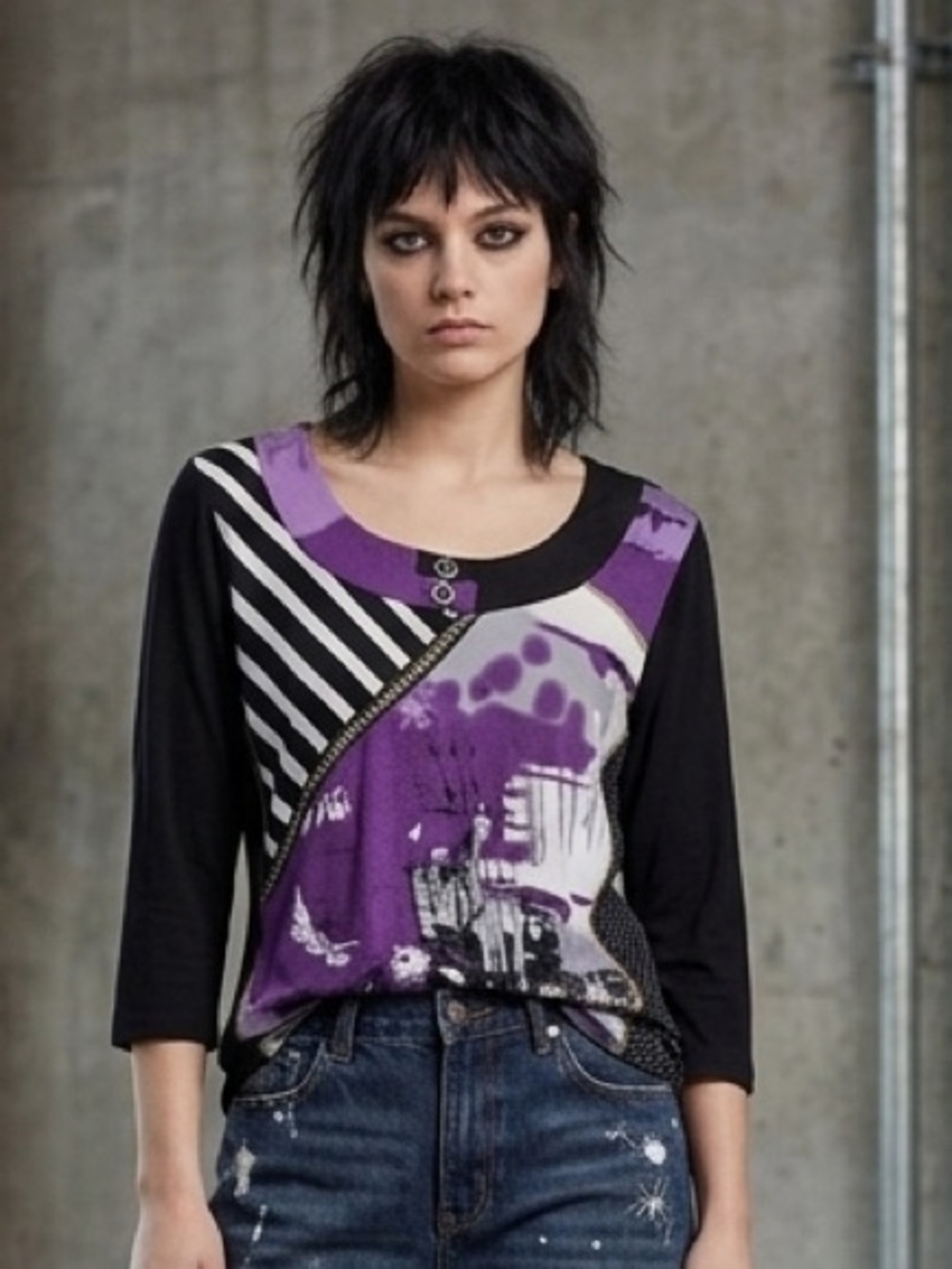 Y2K Eclectic Women's Abstract Purple and Black Tunic-Patchwork Design Shirt